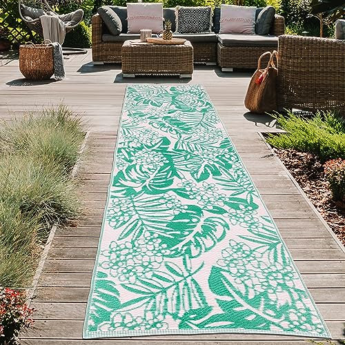 Teppich-Traum Outdoor Vorzelt Teppich Kunststoff wetterfest wasserfest Camping Wohnmobil Läufer lang Blätter-Design Petrol 90 x 300 cm