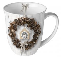 Ambiente Tasse 0,4 l Henkeltasse Becher Kaffeetasse Teetasse Wintertasse Weihnachtstasse pine cone wreath Landhaus Weihnachten Winter Zapfen Zweige Henkelbecher Porzellan