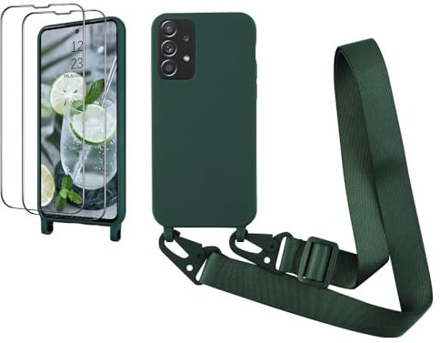 CaseLover Handyband für Samsung Galaxy A52s 5G/A52 4G/5G Hülle mit Band, Premium Silikon Necklace Handyhülle mit 2 Pack Schutzfolie Verstellbarer Kordel zum Umhängen Stossfest Schutzhülle, Dunkelgrün
