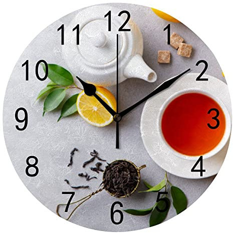 Wall Clock for Living Room Decor Tea Cup Pot Lemon Hanging Round Desk Clocks Bathroom Kitchen Office
