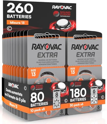 260 Piles pour appareils auditifs Rayovac Extra 13-10 blisters de 8 et 30 blisters de 6 Piles