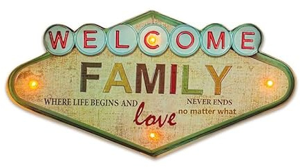 FOREVER Letrero de metal retro LED Welcome Family cartel grande luminoso decoración para el hogar: letras familiares en la pared para el salón, señal de bienvenida en la entrada de la cocina,