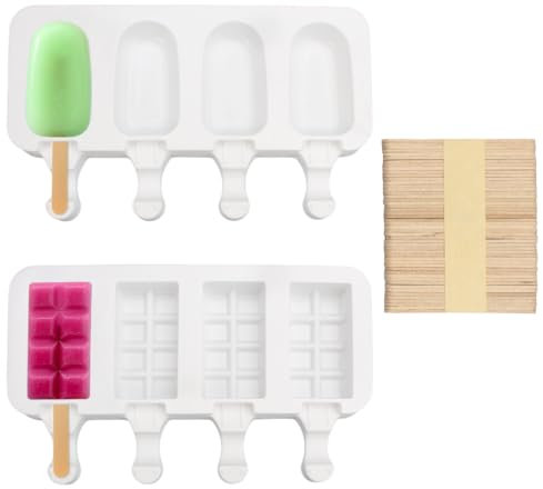 Moldes Helados Silicona 2pcs con Palitos 50pcs, Bpa Free Moldes para Helados, Molde Helados Silicona con Palo, Moldes de Helado para Helado Casero para Palitos de Chocolate, Sorbetes, Pudding