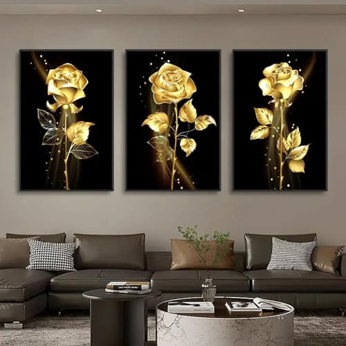 BFKJDS 3 Pcs Framed Canvas Wall Art Pictures Gold Rose Flower Black Canvas Paintings Modern Kitchen Wall Art Decor Artwork Prints 20x30cm(8x12in) x3 With Black Frame