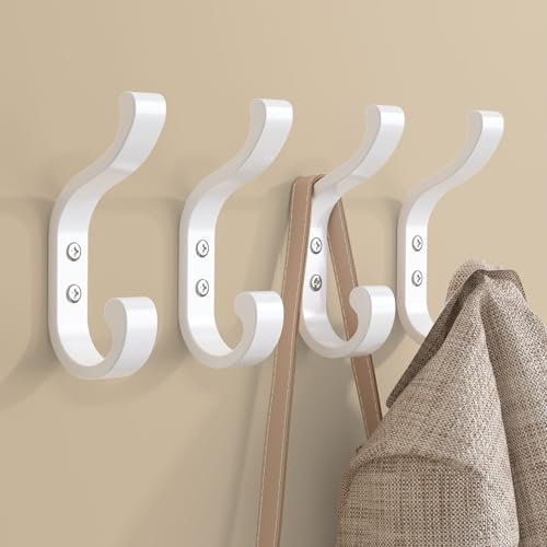 Paquete de 4 ganchos de pared blancos, ganchos montados para abrigos, toallas, bolsas y mochilas; ganchos de metal atornillados