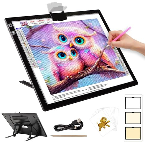 HIUKCOLED Rechargeable A3 Light Pad, Battery Powered Light Board with Foldable Stand, top Clip, 3 Colors/Stepless/6-level Brightness, Wireless LED Tracing Box for Diamond Painting,Drawing,Sketching