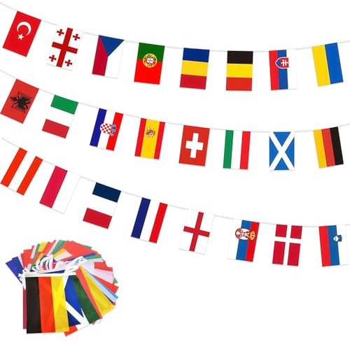 EM Fahnen Wimpelkette für Euro Fußball 2024, 24 Länder Doppelseitige Stoff EM Deko Wimpel Girlande, Alle 24 Mannschaften Flaggen Wimpel, EM Wimpelkette für Euro Fußball 2024, für Garten Party Deko