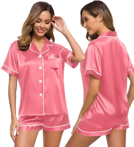 SWOMOG Pyjamas for Women Silk Satin Pyjama Bride Pjs Set Two Piece Pj Sets Button Down Sleepwear Loungewear Peach Red