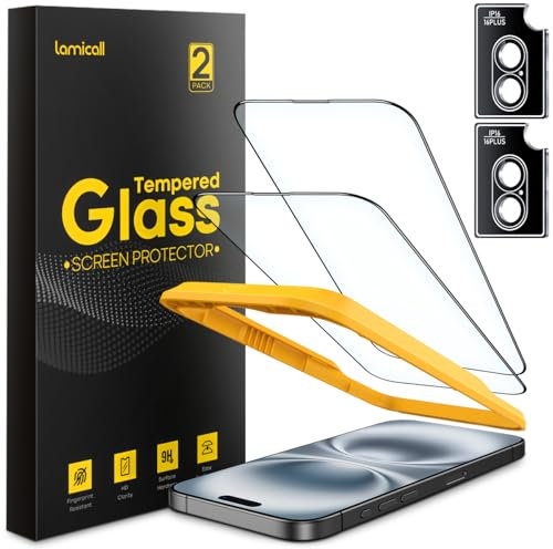 Lamicall 2 x Verre Trempé pour iPhone 16 avec 2 x Protection Caméra Arrière - [Lot de 4] Anti-rayures, Dureté 9H, HD, Anti-empreintes, sans Bulles, avec Cadre d'Installation de Bouton Facile