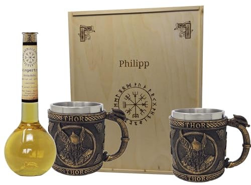 Geschenkset Wikinger Kelch oder Krug inklusive Wikingertrank Met Honig-Apfel in der Elixierflasche mit Holzbox und Gravur - Met Honigwein personalisierbar verschiedene Varianten (2xKrug Thor)