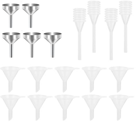 19PCS mini entonnoir set, 5 petits entonnoirs en aluminium & 4 mini pipette & 10 mini entonnoirs en plastique pour petits échantillons de parfum Émulsion cosmétique Huile Essentielle
