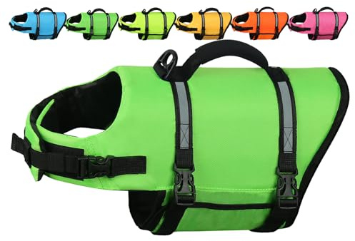 AMZNOVA Hundeschwimmweste Rip Stop Hunde Schwimmweste Rettungswesten | Schwimmweste Hunde-Schwimmweste zum Schwimmen, Auftrieb & Verstellbar for Hund, XS, Neongrün