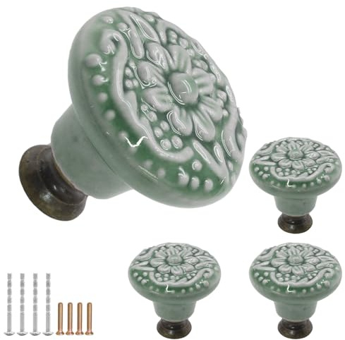 Murtenze 4 x grüne Keramikknäufe im Vintage-Stil, dekorative Küchenschrankknäufe, Retro-Keramik-Knäufe für Möbel, Schrank, Türknäufe