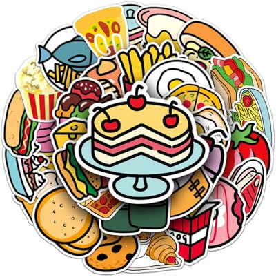 BNREOZA 50 Stück Lebensmittelaufkleber, Wasserfeste Vinyl Ästhetische Aufkleber, Scrapbook Aufkleber, Kinder Dekorative Gepäck Skateboard Lebensmittel Aufkleber