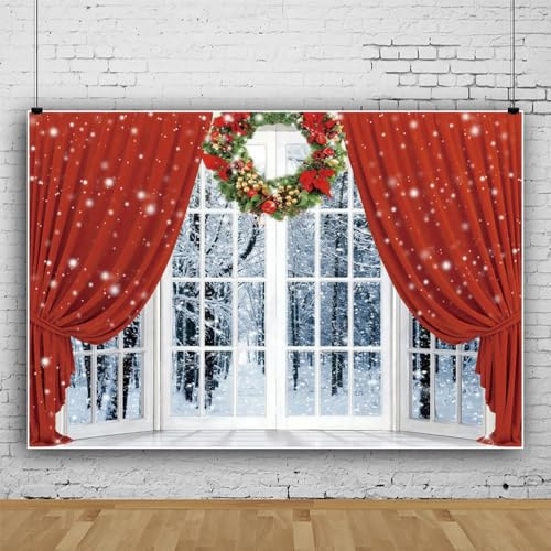 Fondo de Cortina roja de Navidad, Fondo de Escena de Navidad con árbol de Navidad Brillante y Corona, Fondo Blanco del Bosque de Nieve para la decoración de Navidad Vinilo 10x6.5 pies