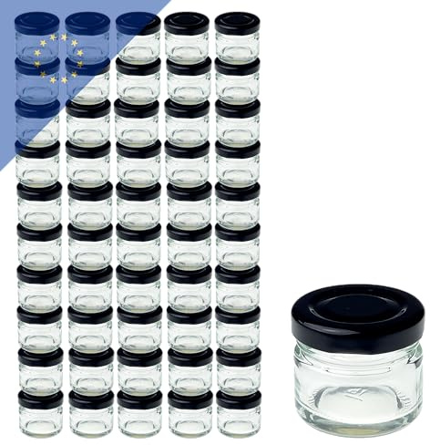Verpackungsstadl 50 Stk. Einmachgläser 22ml mit TO43 schwarz – Hochwertiges Glas für Konfitüren, Gewürze und Proben – Luftdicht – Ideal für Aufbewahrung und Präsentation – Robust und wiederverwendbar