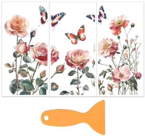 OLYCRAFT 3 Stück/Set Rosa Rosen Transferfolien Zum Aufreiben Für Kunsthandwerk Und Möbel 15x30cm Vintage Blumen Möbelaufkleber Transferaufkleber Zum Aufreiben Mit 1 Teiligem Schaber Für Holzmöbel