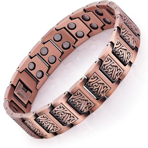 JFUME Bracciale in rame puro per uomini, 2 fila di spessore braccialetti magnetici per la massima copertura, regolabile da 8,66 pollici con strumento di dimensionamento, durevole pieghevole sopra