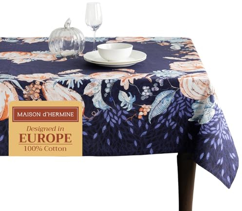 Maison d' Hermine Tischdecke, 100 % Baumwolle, waschbar, quadratisch, für Esszimmer, Küche, Partys und Camping, Pumpkin Blues – Thanksgiving/Weihnachten, 140 x 230 cm