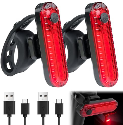 Unillea 2Pcs LED Rear Bike Lights, Red, Water Resistant, USB Rechargeable, 4 Modes, 500 Lumen, Multi-Mount, 48g Each