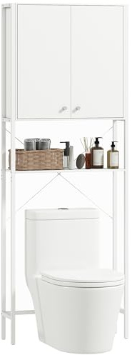 HOMCOM Mobile Bagno Sopra WC con Armadietto e Ripiano Aperto, Mobile Sopra Lavatrice Salvaspazio con Gambe in Metallo, per Bagno e Lavanderia, 64x20x180 cm, Bianco