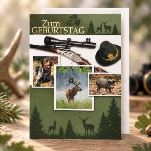 Michel Verlag Glückwunschkarte ZUM GEBURTSTAG für Jagd Jäger Naturliebhaber Jagdfreund | Flinte Büchse Wald Jagdhorn | Klappkarte mit Jagdmotiv, 12x17cm, inkl. Umschlag | Made in DE (Büchsen-Jagd)