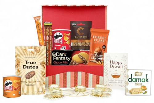 Emartbuy Luxury Diwali Gift Hamper with Festive Sweets, Snacks, Chocolates, Tealight Holders & Greeting Card in Premium Gift Box | Perfect for Family, Friends & Corporate Gifting - Sparkling Moments