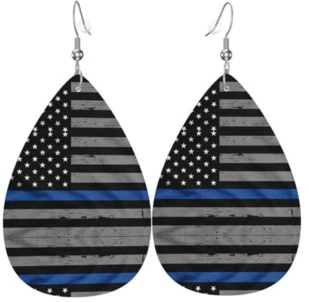 Amerikanische dünne blaue Flaggen-Leder-Ohrringe für Frauen, baumelnd, Piercing-Tropfen-Ohrringe, leichter Schmuck, Geschenke für Frauen und Mädchen