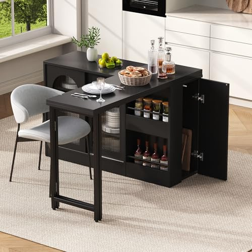 Table de bar extensible à 360° réversible avec porte en verre Meuble de cuisine et bar Espace de rangement Design moderne 121,5 x 40 x 76,7 cm (Noir)