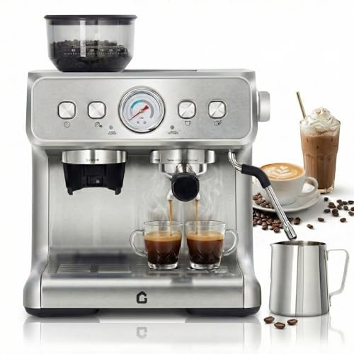 RBFGYIOP Siebträgermaschine Mit Mahlwerk & 20 Bar Druck, Espressomaschine Mit 30 Mahlgraden, 1450W, 2,8L Abnehmbarer Wassertank, PID, Manometer, Dampf-/Heißwasser-Düse, Kaffeemaschine Mit Barista-Kit