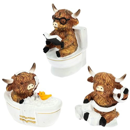 ATopoler 3 Pack Highland Cow Ornaments, Cute Resin Cow Figurine Statues Cows Figurine with Bathtub/Toilet/Tissue for Farmhouse Kitchen Home Table Christmas Decor, Ideal Ornaments Friendship Gifts Set
