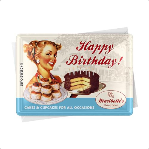 Nostalgic-Art Retro Blechpostkarte, 10 x 14 cm, Happy Birthday Cake – Geschenk-Idee zum Geburtstag, Postkarte aus Metall, Mini-Blechschild als Grußkarte
