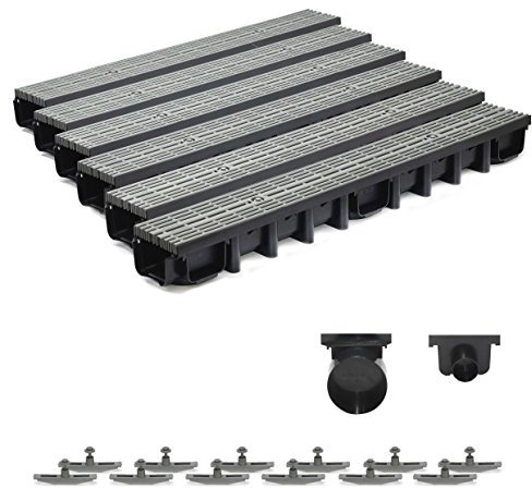 6m Entwässerungsrinne für modulares System A15 98mm, komplett Stegrost Kunststoff, Grau Line