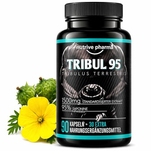 Tribul95® Tribulus Terrestris cápsulas de dosis alta - 6000 mg por dosis diaria - 95% de saponinas - Promueve nuevas energías - El extracto natural de plantas proporciona 1500 mg en una cápsula
