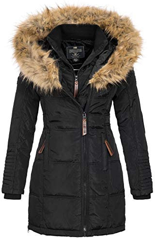 Geographical Norway Beautiful Lady - Warm Mid Thick Parka Frauen Herbst Winter - Fin Mantel Kapuze Pelz - Jacke Windschnitt Daunenjacke Long - Elegant Fraus (Schwarz XL-Größe 4)