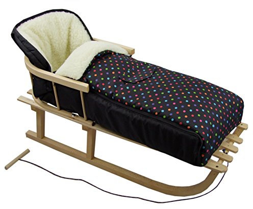 Kombi-Angebot Holz-Schlitten mit Rückenlehne & Zugseil + universaler Winterfußsack (108cm), auch geeignet für Babyschale, Kinderwagen, Buggy, aus Wolle (schwarz mit weißen Punkte)