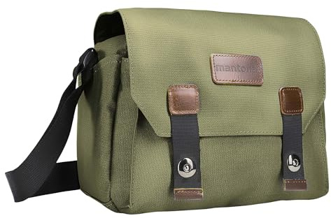 Mantona Kameratasche Milano piccolo (modische Universaltasche für Digital-Spiegelreflex-Kameras und Systemkameras plus Zubehör, Vintage, graues Interieur) olivgrün