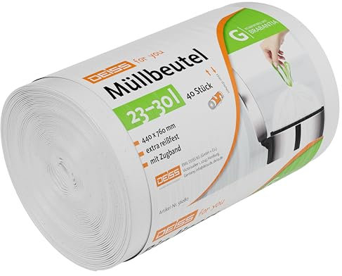 DEISS Bolsas de Basura 30L Compatibles con Cubos Brabantia – 50 Unidades – Blancas, Resistentes y Reciclables – Para Baños, Cocinas y Oficinas