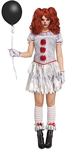 shoperama 4-teiliges Halloween DAMEN-Kostüm Carnevil Clown Kleid Strümpfe Handschuhe Manschetten Horror, Größe:L
