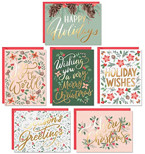Sweetzer & Orange Text-Weihnachtskarten - 6 typografische Designs mit Gold à 4 Stück - 24 Weihnachtspostkarten mit rotem Umschlag - Außen glänzend, innen matt, 300 g/m² - 10,8 x 14,6 cm