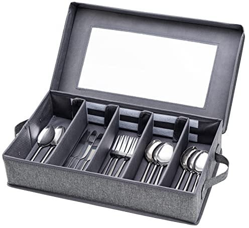 Caja de almacenamiento de cubiertos, caja de almacenamiento de cubiertos, soporte para utensilios con tapa extraíble y separadores ajustables para organizar utensilios, cubiertos, cuchillos, gran