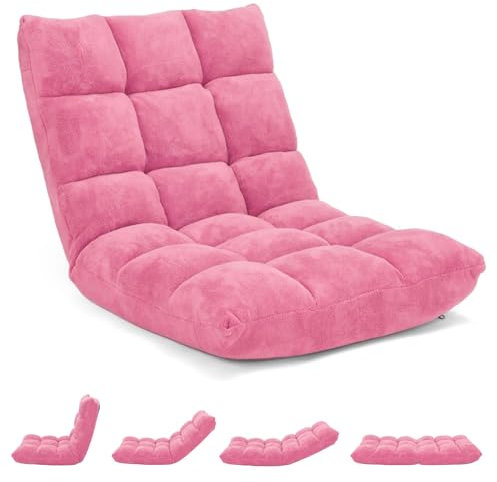 GOPLUS Chaise de Sol Pliante, Fauteuil Convertible Réglable à 14 Niveaux, Fauteuil Paresseux avec Velours Corail Confortable, Chaise de Méditation Rembourré, 105 x 56 x 15CM (Rose)