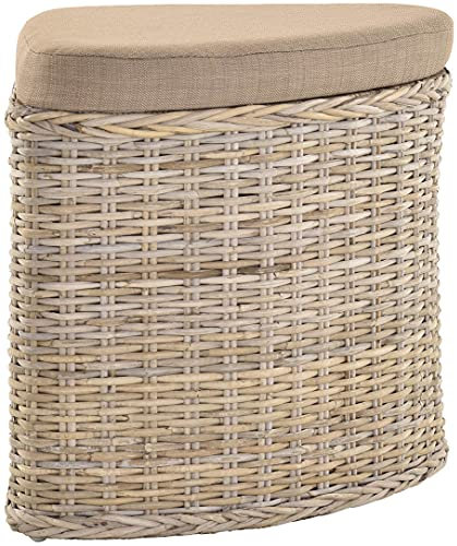 Rattan Wäschekorb Wäschetruhe Sitz gepolstert Honig, Flur-Bank Aufbewahrungsbox mit Deckel Bad-Hocker Sitzhocker Wäschesammler Sitz-Truhe Natur (Grau Natur, Eckform)