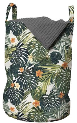 ABAKUHAUS Blumen Wäschesack, Botanic Tropic Blätter, Wäschekorb mit Griffen Kordelzugverschluss für Waschsalons, 33 cm breit x 49 cm hoch, Grün und Weiß