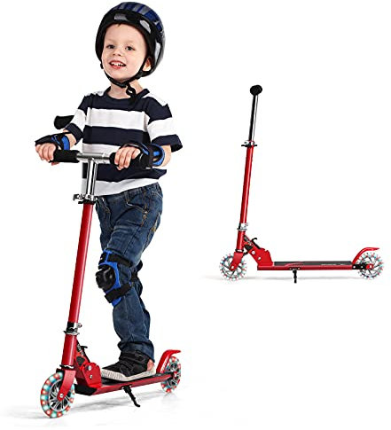 GOPLUS Trottinette Enfant de 3 à 7 Ans, Trottinette Pliable avec 2 Roues Lumineux, Poignée Hauteur Réglable, Frein sur Roue Arrière, Charge Max 70KG, 63/73/86cm, Cadeau pour Garçon/Fille(Rouge)