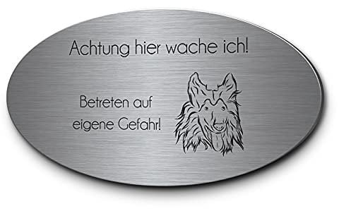 Hundewarnschilder für aussen Collie Bordercollie Vorsicht Hund Hier wache ich | Schöne Gravur auf Edelstahl oval 15x8 | Hinweisschild wetterfest robust für draußen zB Gartentor