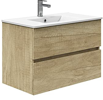 Baikal Mueble de Baño Onyx. Suspendido en Pared, con Lavabo cerámico. Varios Acabados y Medidas. Mueble Montado. 2 CAJONES 80 Nature