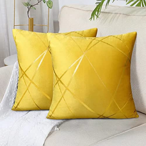 Samt Kissenbezug 40 x 40 cm Gelb Goldene Linien Geometrie Dekokissen Kissenhülle Sofakissen Couchkissen Dekorative Kissen Kissenbezüge Zierkissen Bezug für Schlafzimmer Sofa Bett 2er Set