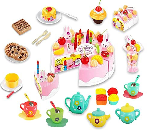 xwin 98 Pcs DIY Cutting Kids Birthday Cake included 22 pcs teas set Toy Pretend Play Food Toys Set, Play Tea Set for Children Tea Party and Fun Kids Role Play Tea Pot Cups Saucers, Pink