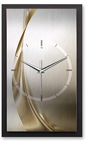 Kreative Feder 3D Designer-Wanduhr Elegant Golden Wave in modernem Metallic-Look 50x30cm rechteckig analog lautlos ohne Ticken (Elegant Golden Wave, leises Quarzuhrwerk)